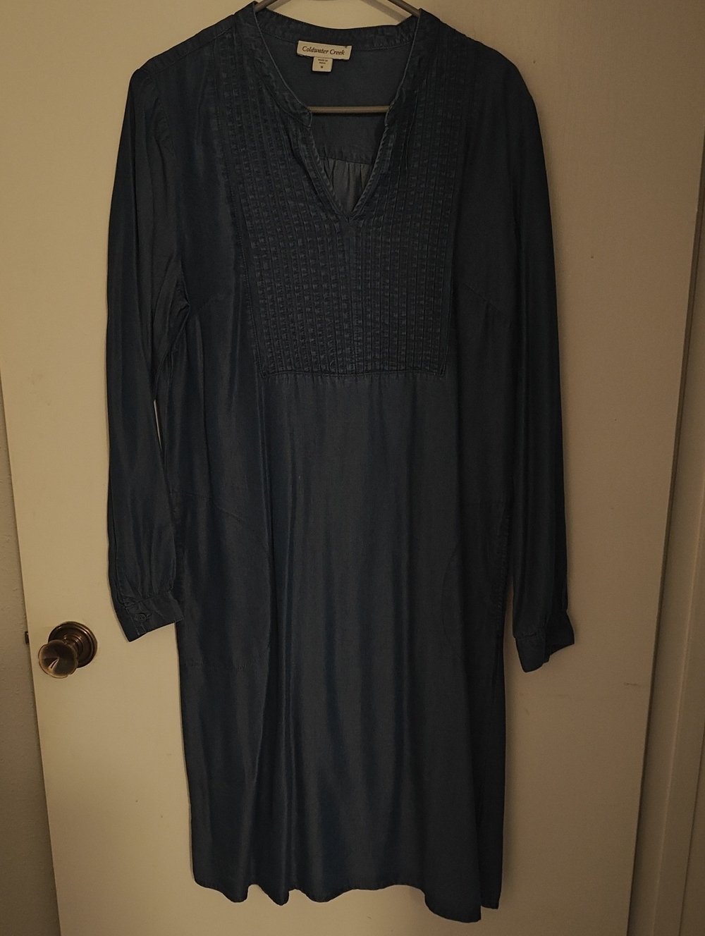 Coldwater Creek Navy Blue Tencel  Long-Sleeve Midi Dress with Pintuck Bib, M